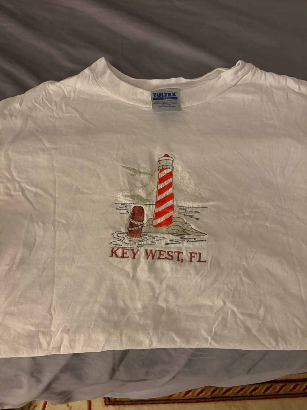 Tultex White Tee with Red Striped Lighthouse Graphic